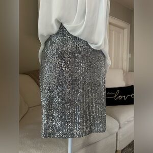 CABLE & GAUGE Glamorous Festive Party Metallic Silver Sequin Pencil Skirt Size L